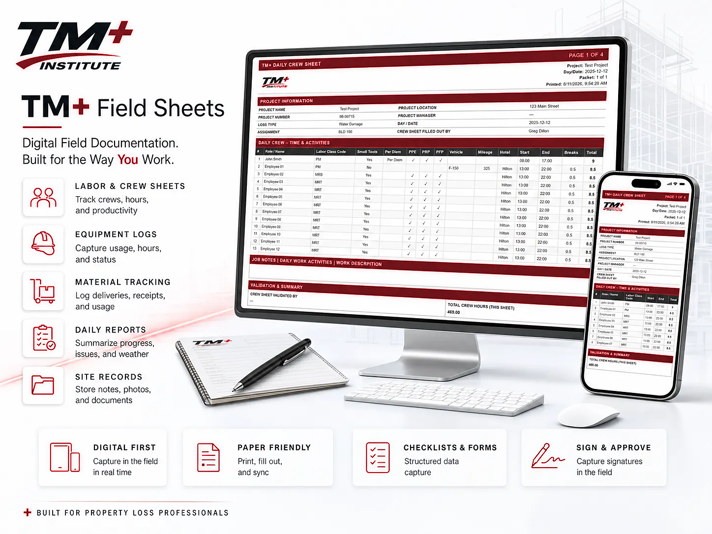 TM+ Field Sheets for labor materials equipment and Time and Materials field documentation