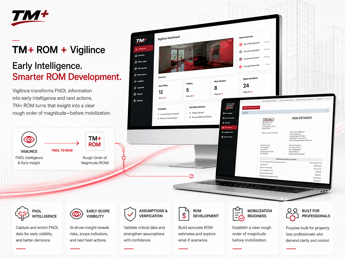 TM+ ROM and Vigilince AI supporting property loss intelligence scope planning and Time and Materials ROM development
